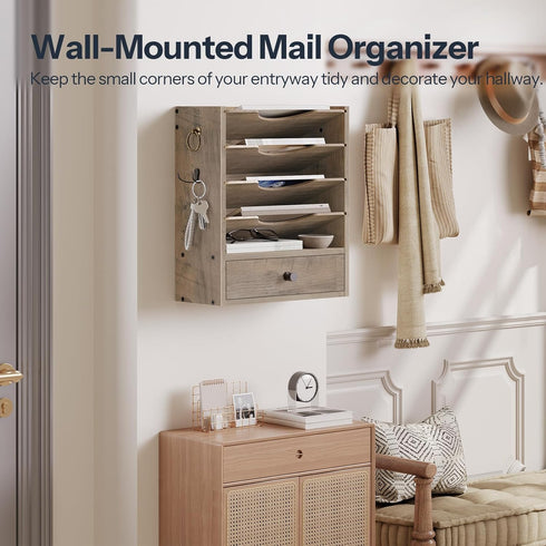 HOOBRO Wall File Organizer, Mail Organizer Wall Mounted, Wooden Literature Organizer with Drawer Storage