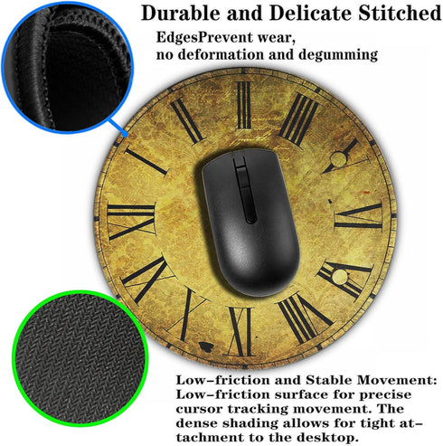 Round Mousepad, Antique Clock Face with Vintage Style Texture, Non-Slip Rubber Base Mouse Pad for Desktop Notebook