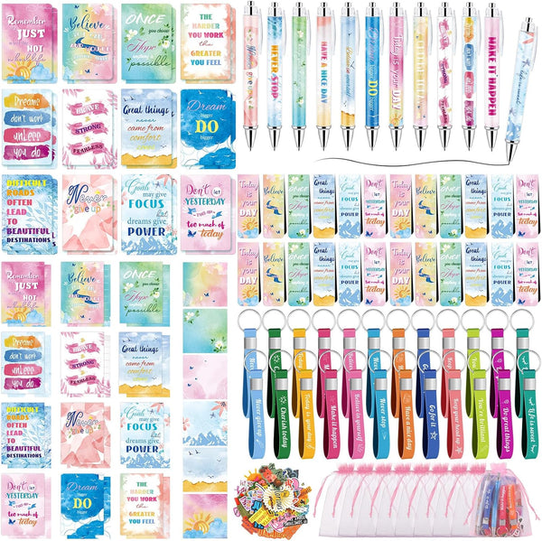 Pasimy 218 Pcs Inspirational Stationery Gifts, Motivational Mini Notepad, Pen, Quote Bookmarks, Stickers for School