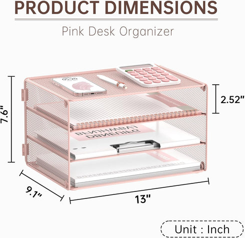 DALTACK 3 Tier Letter Tray Paper Organizer, Mesh Metal Desk File Organizer for Home & Office, Pink