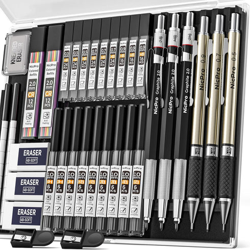 Nicpro 35PCS Art Mechanical Pencil Set, 3 PCS Metal Drafting Pencil with 20 Tube Lead Refills Case