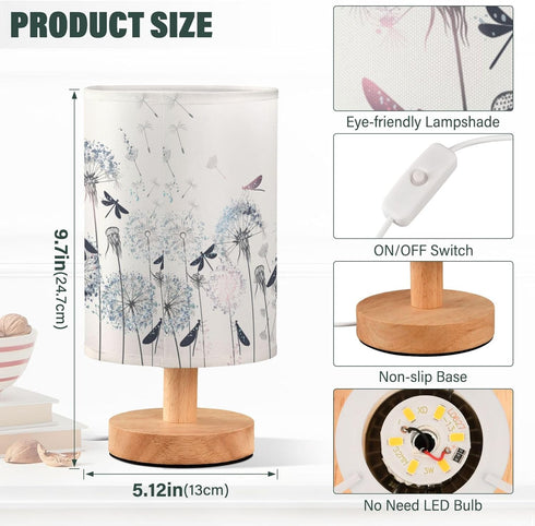 YYZZH Table Lamp Elegant Dandelion Dragonfly Nightstand Lamp with Wood Base Fabric Lamp Shade Bedside Desk Lamp