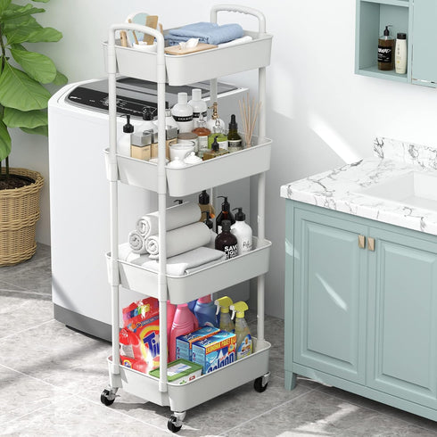 Sywhitta 4-Tier Plastic Rolling Utility Cart - Multi-Functional Storage Trolley with Handle for Office, Living Room,