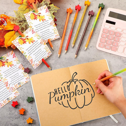 Thanksgiving Gifts Fall Pencils with Cute Fall Themed Designs, Mini Maple Leaf Erasers, Bulk Holiday Card for Coworker