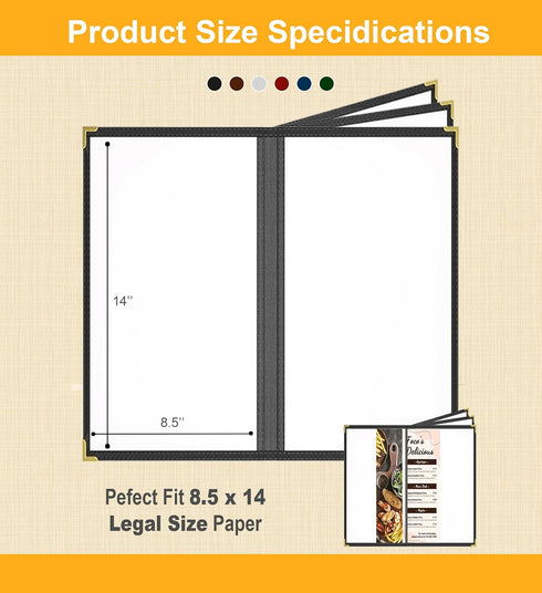 6 8.5x14 4Page 8View Pcs Black Menu Covers, Legal Size, menu Holder, Toothed Metal Corners, Waterproof