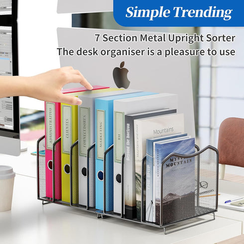 Simple Trending Mesh Desktop File Sorter, 7-Section Bookshelf Organizer for Home Office, Black