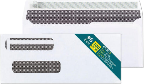 EnDoc #8 Double Window Envelopes Self Seal - Security Check Envelopes - 100 Count for QuickBooks Checks, Privacy Tinted