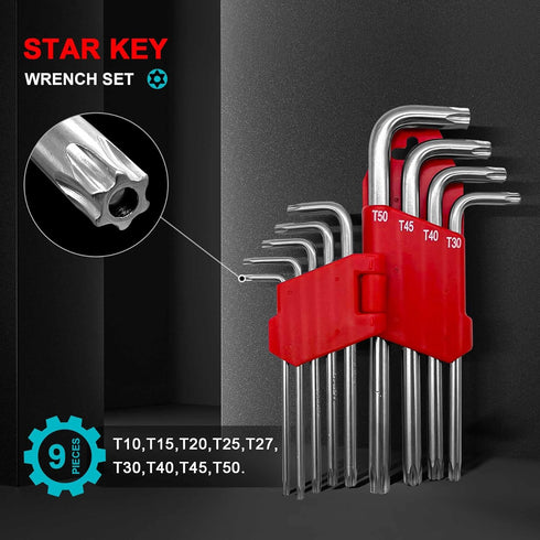 HAUTMEC Star Wrenche Set Star Key Set L Shape Metric Allen Wrench Set 9-Piece, Chrome Vanadium Steel and Drilled tips for Tamper Resistant Fasteners by HAUTMEC