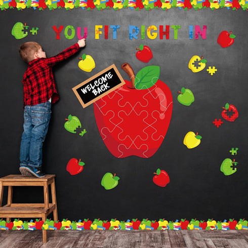 Back to School Bulletin Board Decorations Set, Apple Puzzle Pieces Cutouts for Classroom First Day Supplies