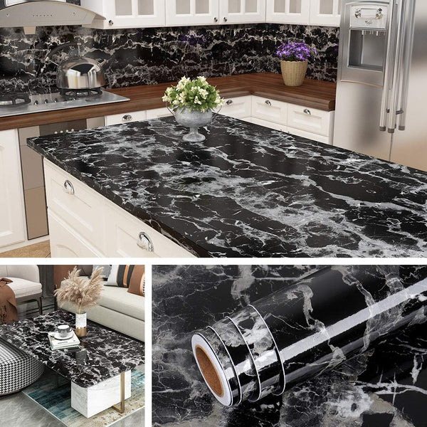 Livelynine Peel and Stick Countertop Contact Paper, Waterproof Black Marble Wallpaper for Furniture and Cabinet Covers