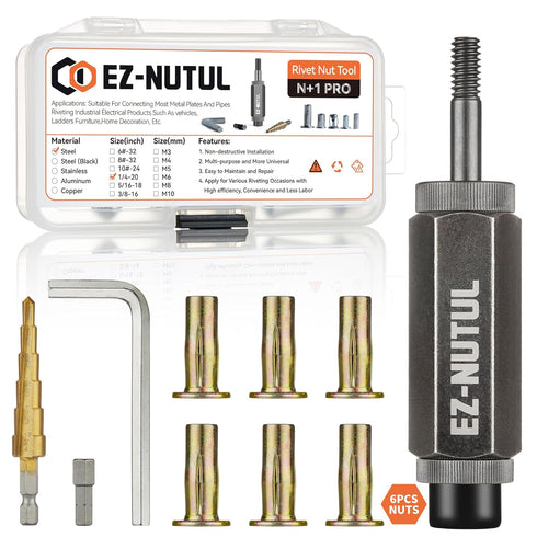 EZ-NUTUL Multi-Grip Rivet Nut Installation Tool Set Pre-Bulbed Shank Flat Head Threaded Insert