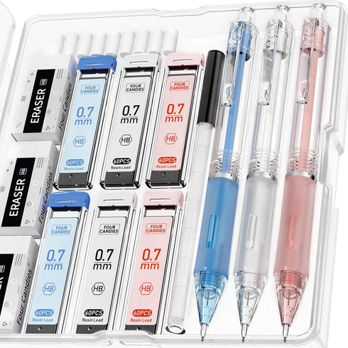 Four Candies 3PCS Clear Mechanical Pencils Set, 0.7mm Pastel Pencils with 360PCS HB Lead Refills