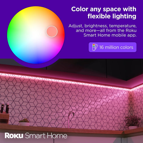 16.4ft Roku Smart LED Light Strip, - Color Options with Adjustable Brightness & Temperature - Peel & Stick WiFi Smart
