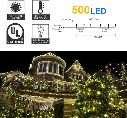 500 164FT 8 kemooie LED Christmas Lights, Lighting Mode with Memory Plug in Waterproof Christmas Lights Outdoor