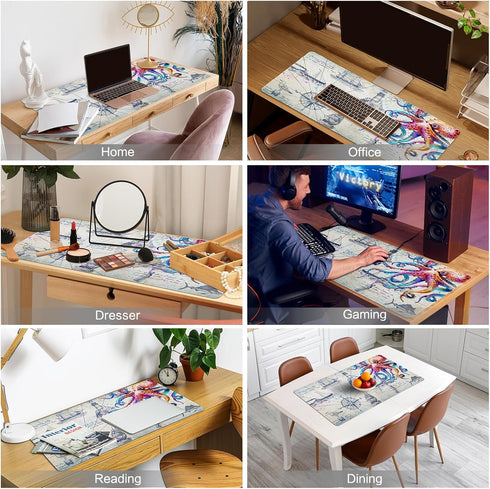Large Gaming Mouse Pad, Grey Desk Mat for Desktop, Non-Slip Octopus Design, 31.5" x 15.7", Cool Computer Desk Pad