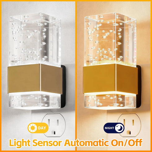 Dimmable, 3 2-Pack LED Night Light with Bubble Acrylic Design, Gold and Clear, Metal, Dusk to Dawn Sensor, Color