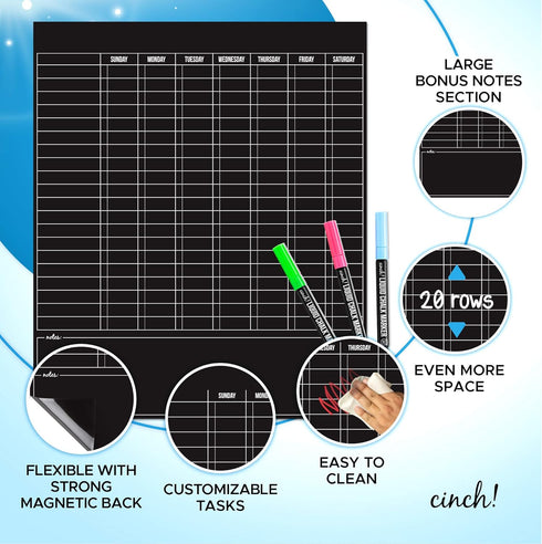 Cinch Magnetic Dry Erase Chores Chart for Kids (17x20 inches, Black) - 6 Whiteboard Markers with Magnets