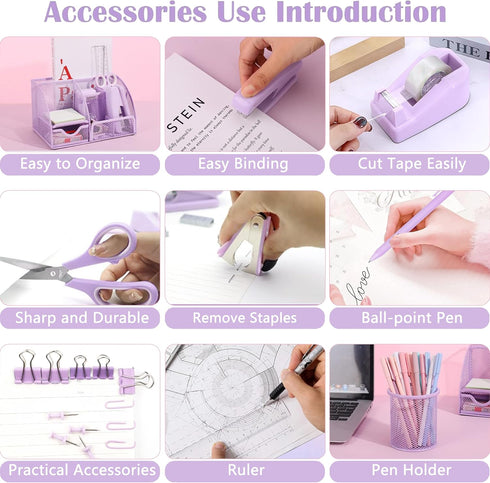 Purple Office Desk Accessories Supplies, 12-Piece Set with Desk Organizers, Tape Dispenser, Stapler, Scissors, Ruler,