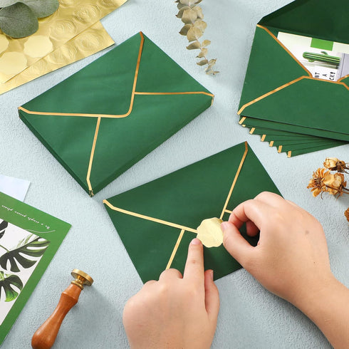Teling 50 Pcs A7 Envelopes 5 x 7 Card Envelopes and 50 Pcs Gold Embossed Wax Seal Envelopes for Graduation Invitation