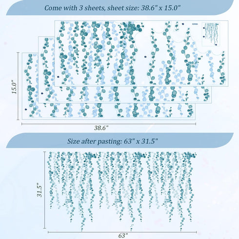 Blue Hanging String of Pearls Succulents Vine Wall Decals Peel and Stick, Large Plants Leaf Vinyl Wall Stickers