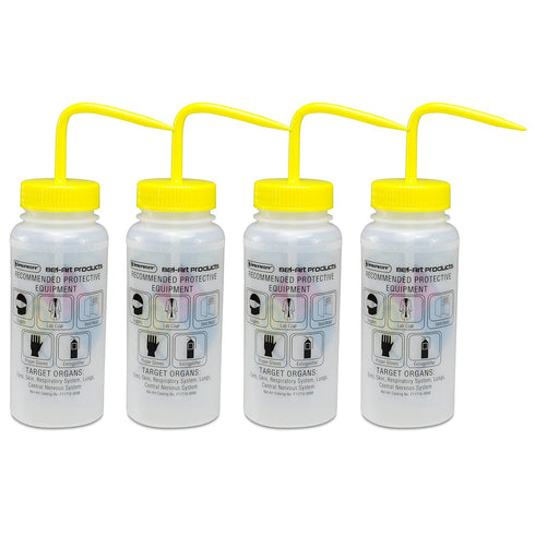 SP Bel-Art Safety-Labeled 4-Color Isopropanol Wash Bottles, 500ml (16oz), Polyethylene, Pack of 4
