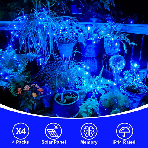 4 Pack 33ft 100 8 QITONG Solar Fairy Lights, Each LED Blue Christmas String Light Outdoor Waterproof, Modes Silver Wire