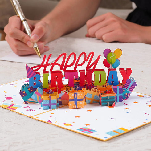 Paper Love Happy Birthday Pop Up Card, 5" x 7" Cover for Adults and Kids, Includes Envelope and Note Tag