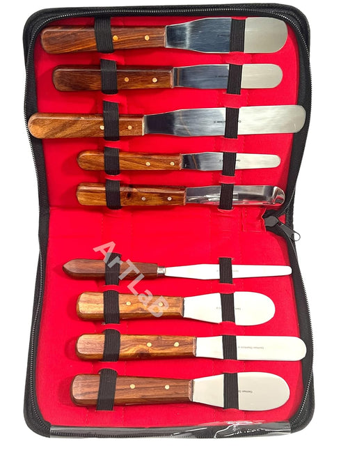 ArTLaB Premium Stainless Steel Lab Spatulas with Wooden Handle, Set of 9