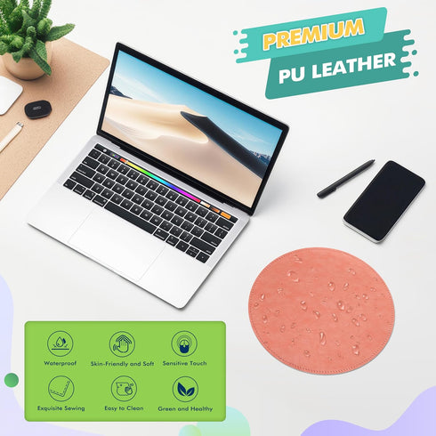 Round PU Leather Mouse Pad, Stitched Edge Micro-Fiber Base, Non-Slip Waterproof, 9 x 9 Inch (Pink)
