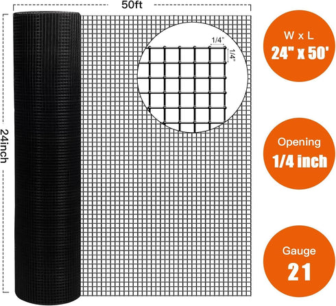 1/4 Inch 21 (24" 50 Hardware Cloth, Gauge Black Vinyl Coated Welded Wire Mesh Roll x FT) Heavy Duty for Chicken Coop