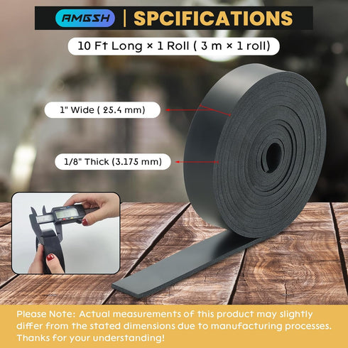 Neoprene Rubber Strip, 1" Wide * 1/8" Thick × 10 Ft Long Solid Rubber Roll for DIY Gasket, Seal Solution, Crafting, Flooring, Protection, Anti-Vibration, Anti-Slip