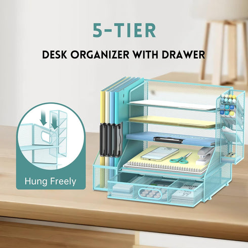 DALTACK Desk Paper Organizer with 6-Tier Tray, 3 Pen Holders, Blue, Storage Organizer for Home Office or School