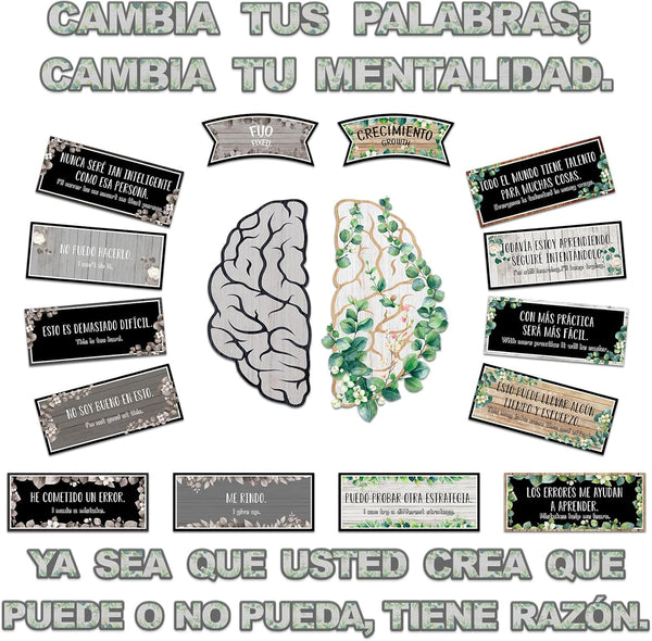 gisgfim 34 Pcs Spanish Bulletin Board Eucalyptus Classroom Growth Mindset Posters for Teacher Students
