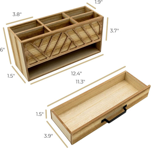 BLU MONACO Natural Wood Desktop Pen Organizer - Stylish Pen Holder with Drawer for Office and Art Supplies