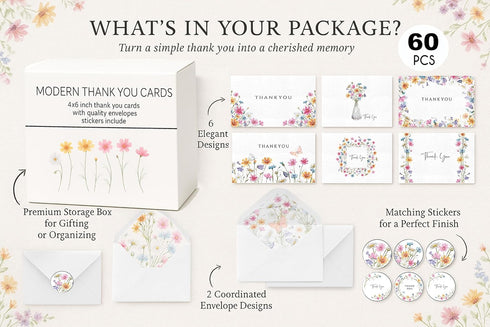 60 Envelopes,6 4x6Bulk Set-Thank Racrico Embossed Thank You Cards With Elegant Floral Designs, Thank You Card You
