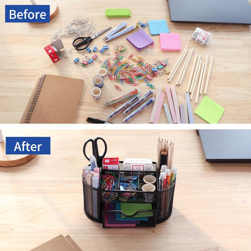 EOOUT Desk Organizer, Pencil Holder for Desk, Mesh Office Desk Accessories with 8 Compartments and 1 Drawer