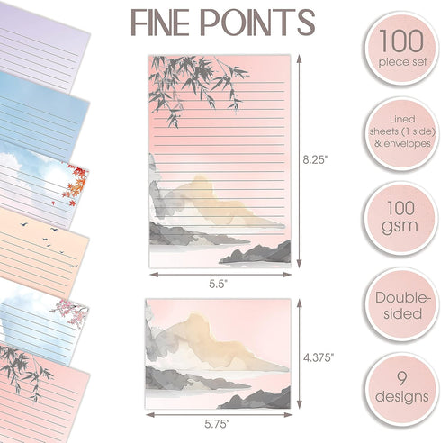 Better Office Products Mini Stationery Set of 100, Japanese Paper (50 Lined Sheets + 50 Envelopes), 5.5 x 8.25 inch, 9