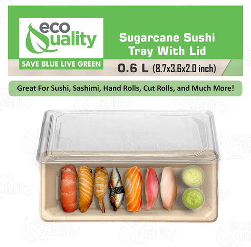 (100) EcoQuality Small Compostable Sushi Trays with Lids - Natural Sugarcane Bagasse Take Out Sushi Container