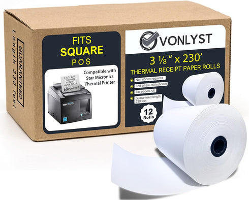 Receipt Paper Roll 3 1/8 x 230 for Square Register and Square POS System, Pack of 12 Rolls -