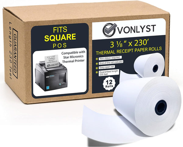 Receipt Paper Roll 3 1/8 x 230 for Square Register and Square POS System, Pack of 12 Rolls -