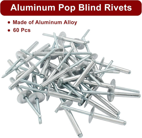 60 Pcs 3/16" x 1-1/4" Large Flange Aluminum Blind Rivets Dome Head Pop Rivets for Installing Accessories, Silver