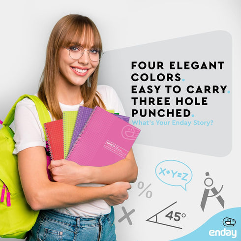 Emraw Graph Paper Notebook, Quad Ruled, 4 Pack, 100 Sheets, Assorted Colors, Wire Bound Graphing Books