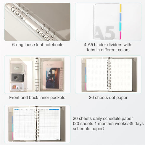 CAGIE A5 Binder, 6 Ring Notebook with Dividers, Refillable Planner Binder with Pockets, A5 Refill Paper, Blue