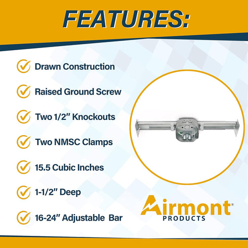 1-1/2'' 2 2 1/2'' 16-24 Inch Ceiling Fan Mounting Bracket with Adjustable Bar Hanger, Deep, NMSC Clamps, Knockouts