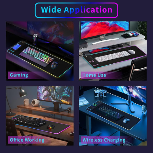 Large RGB Gaming Mouse Pad with Wireless Charging, LED Light, Non-Slip Rubber Base, Waterproof Desk Pad for Home Office