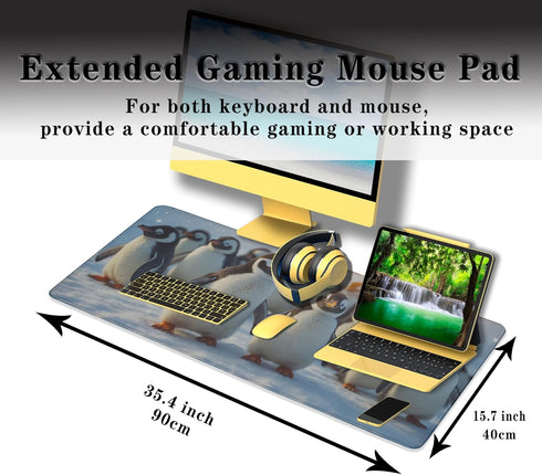 Gaming Mouse Pads, Large Computer Desk Mat, 900X400 Non-Slip Rubber Base, 35.4 X 15.4 inch Pineapples, Cute Penguin