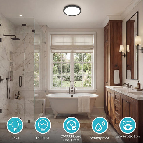 7 inch 3000K-6500K 15W 1500lm 1 Pack libtit Flush Mount LED Ceiling Light Fixture, Adjustable, Black Satin Round