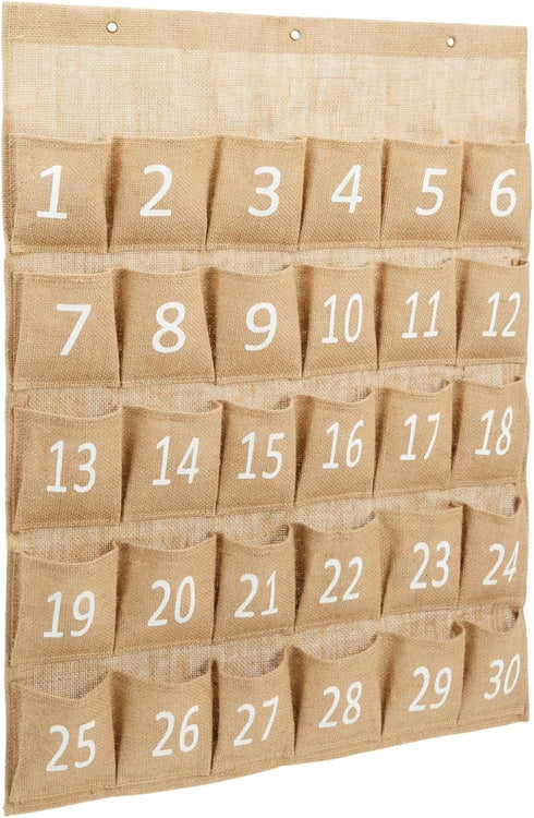 Juvale 30-Row Burlap Cell Phone Holder - Farmhouse Designed White Numbered Hanging Pocket Organizer