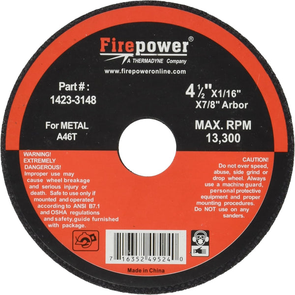 Firepower 1423-3184 Type 1 Abrasive Cut-Off Wheel, 4-1/2-Inch Diameter, 1/16-Inch Width, 7/8-Inch Hole, 5-Pack