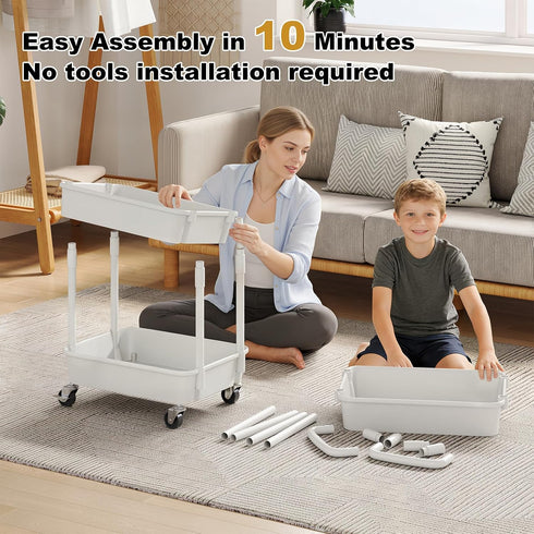 WBKATN 3 Tier Rolling Cart with Wheels, White Plastic Three Tiered Roller Shelf Cart on Lockable Wheels, Small Utility